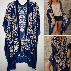 0️⃣8️⃣ Angie Womens Kimono Navy Blue Size OS One SIze Duster Khaki Beige Fringe